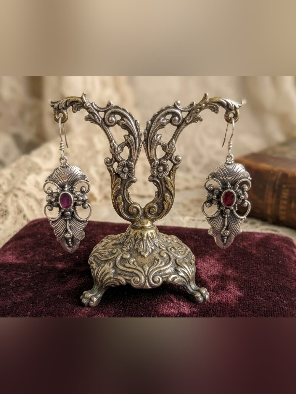 Vintage 925 Silver Garnet Drop Earrings Victorian Revival Floral Leaf C-Scroll - Picture 7 of 11